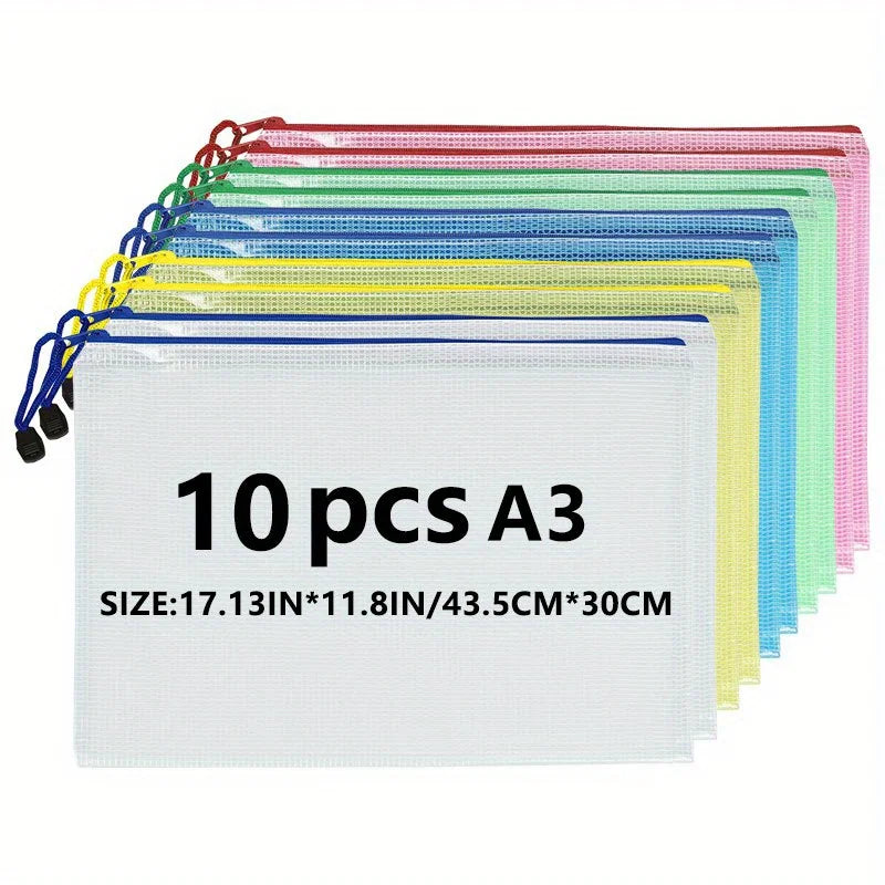 10pcs A3 Mixed Color, Student Supplies, Plastic, Folder Bag, Zip Folder, Mesh Zip Bag, Suitable For School Office Supplies