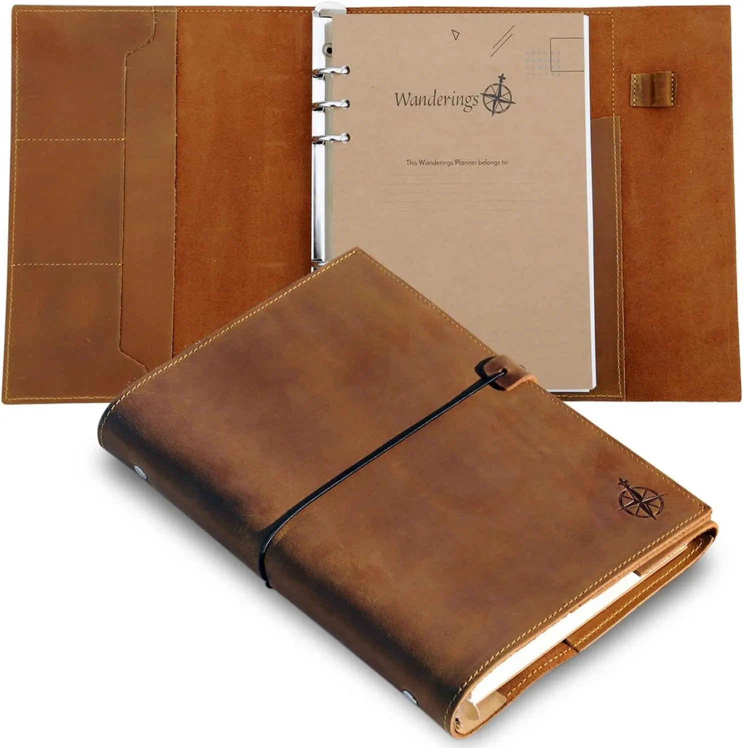 Refillable A5 Leather Binder Planner with 6 Rings, Inner Pockets, and 2026/27 Calendar - Hand-Crafted Genuine Leather Organizer