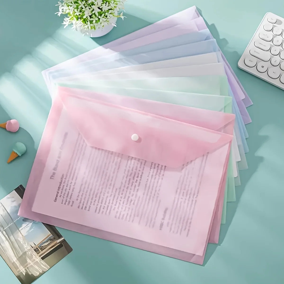 15pcs A4 Transparent Polypropylene Folder, Morandi Plastic Snap File Bag, Macron Color Data Bag, School Office Folder Bag