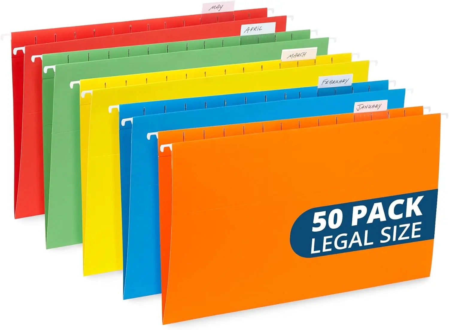 50 Legal Size Hanging File Folders, Color Coded for Home and Office Organization, Assorted Colors Pack